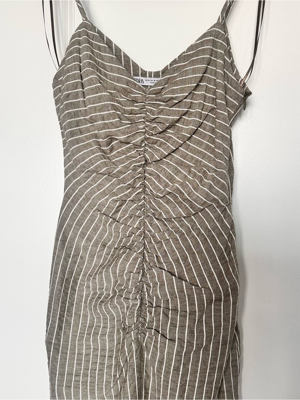 Zara Linen Blend Ruched Hourglass Midi Dress – Striped – XS